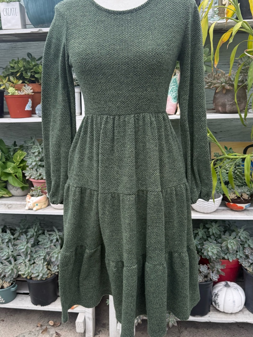 Textured Olive Long-Sleeve Tiered Knit Dress